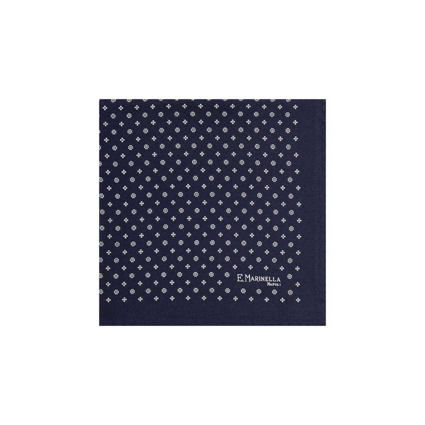 DARK BLUE HAND-PRINTED SILK POCKET SQUARE