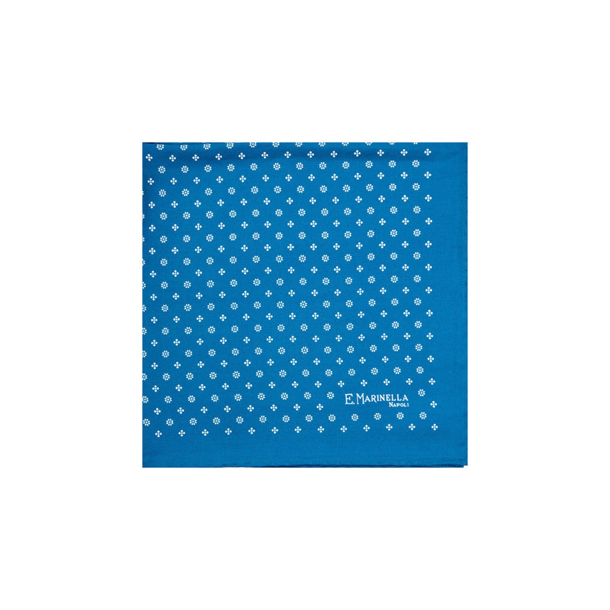 MID BLUE HAND-PRINTED SILK POCKET SQUARE