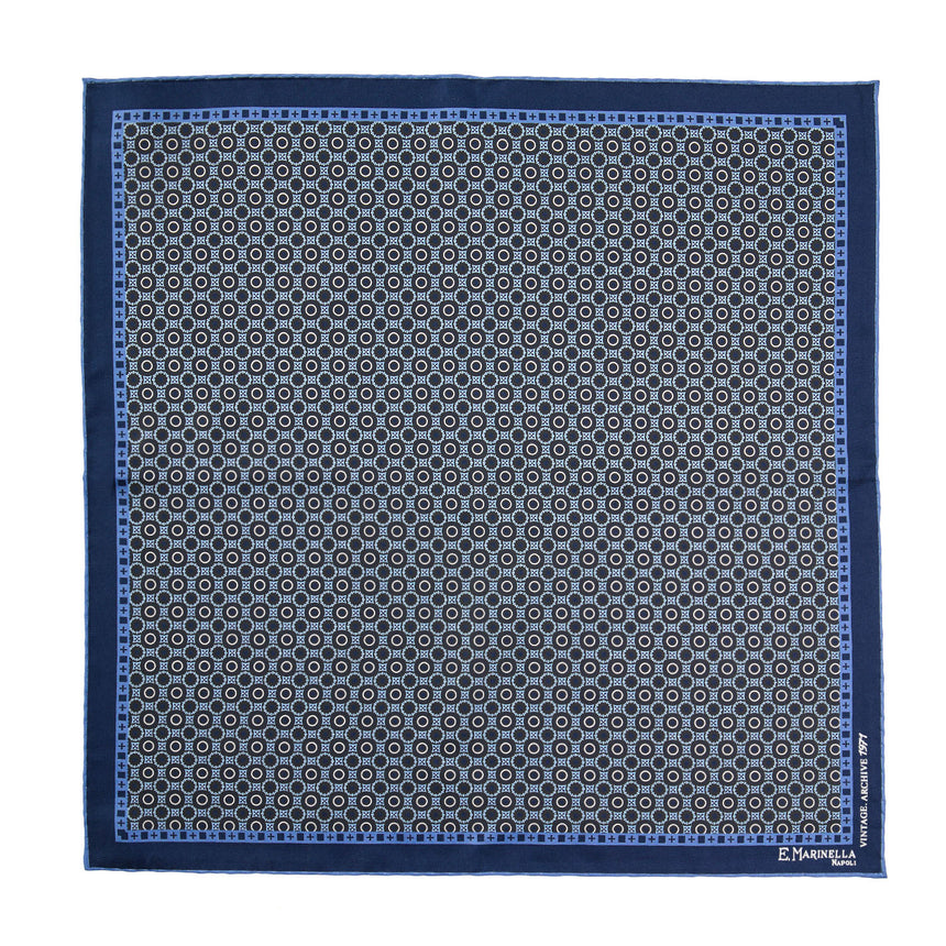 DARK BLUE HAND-PRINTED SILK POCKET SQUARE