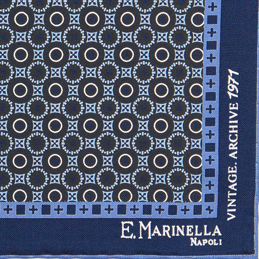 DARK BLUE HAND-PRINTED SILK POCKET SQUARE