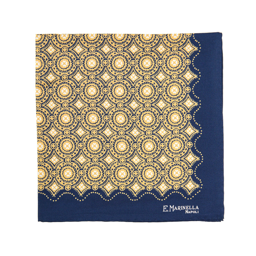 DARK BLUE HAND-PRINTED SILK POCKET SQUARE