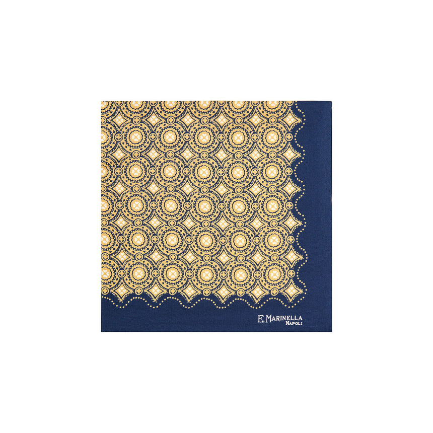 DARK BLUE HAND-PRINTED SILK POCKET SQUARE