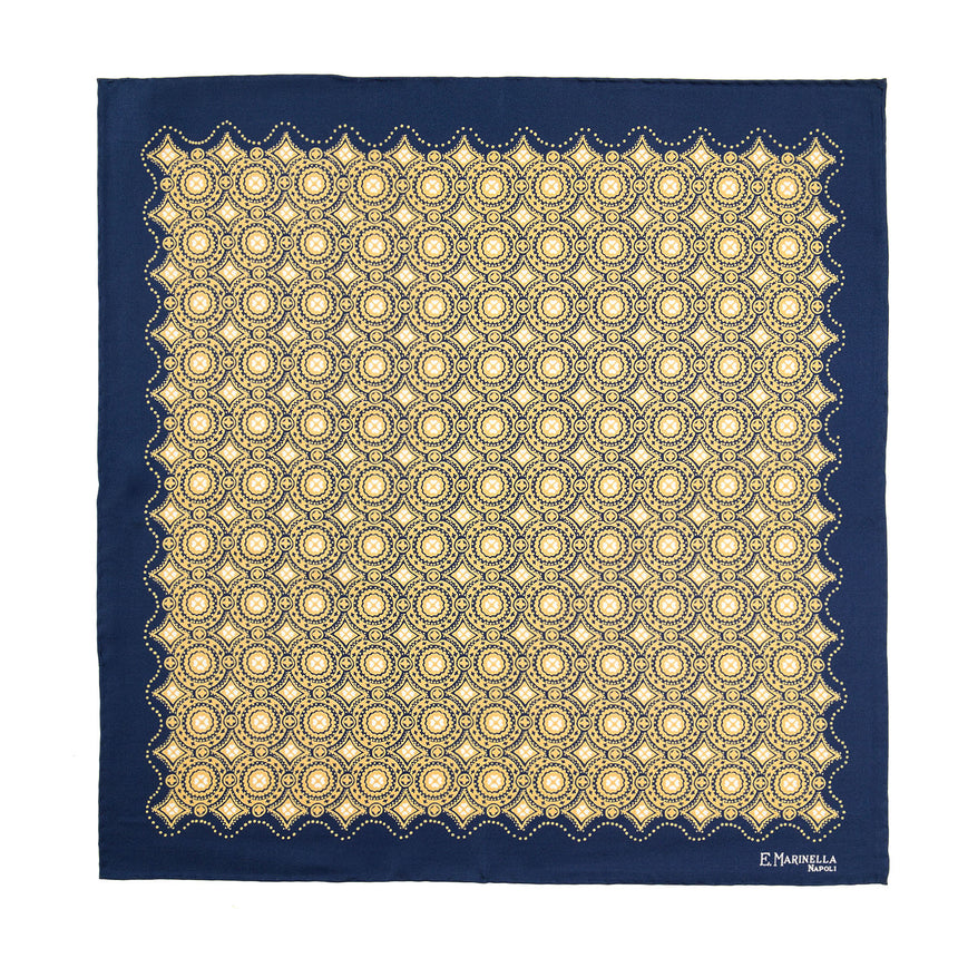 DARK BLUE HAND-PRINTED SILK POCKET SQUARE