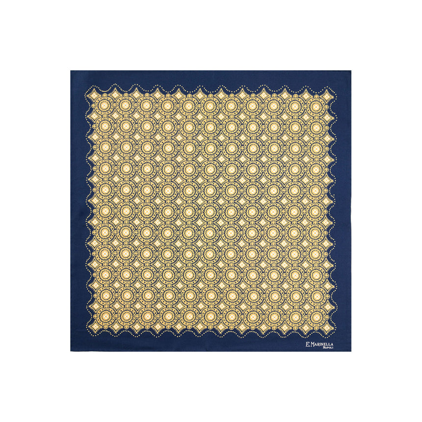 DARK BLUE HAND-PRINTED SILK POCKET SQUARE