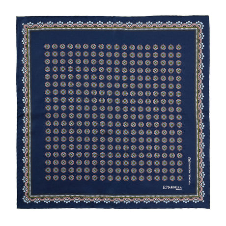 DARK BLUE HAND-PRINTED SILK POCKET SQUARE