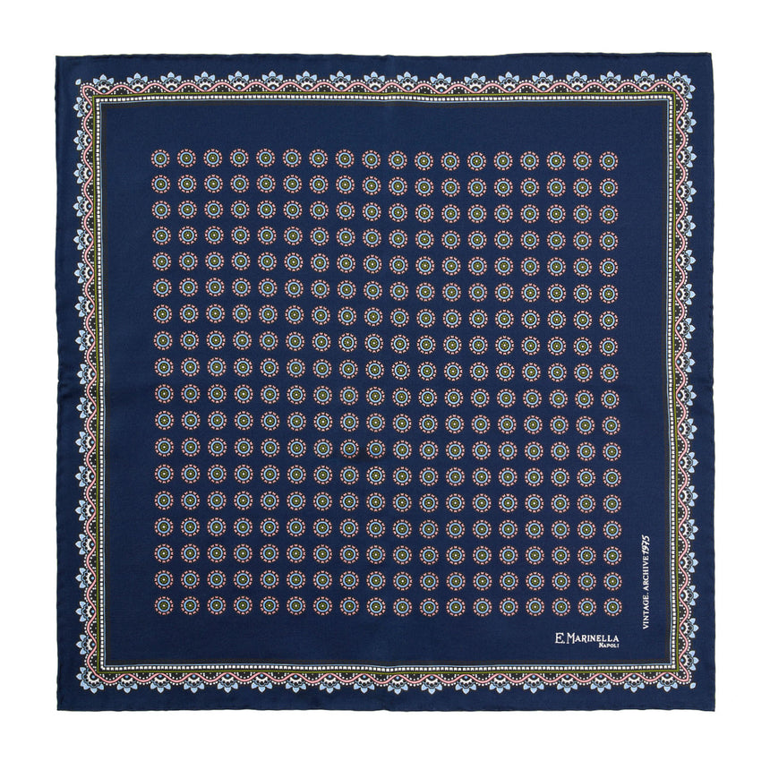 DARK BLUE HAND-PRINTED SILK POCKET SQUARE