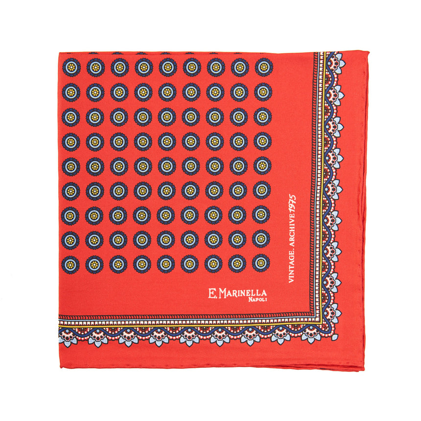 RED HAND-PRINTED SILK POCKET SQUARE