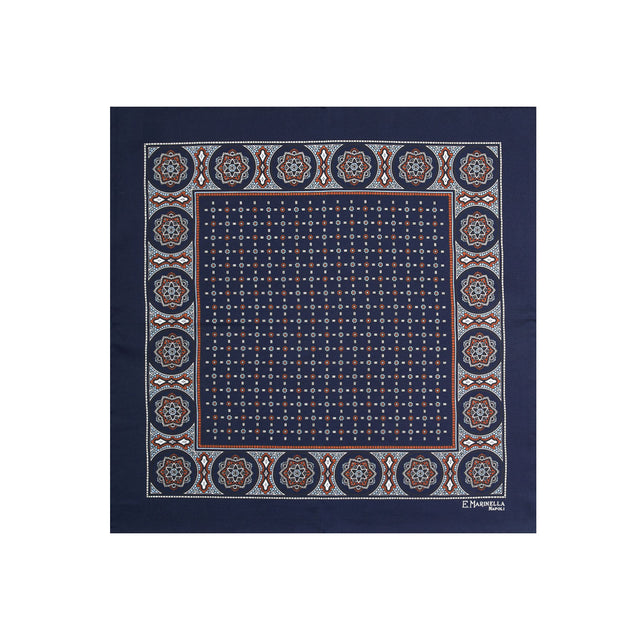 dark_blue_hand_printed_silk_pocket_square_small_flower_pattern_fully_open_view