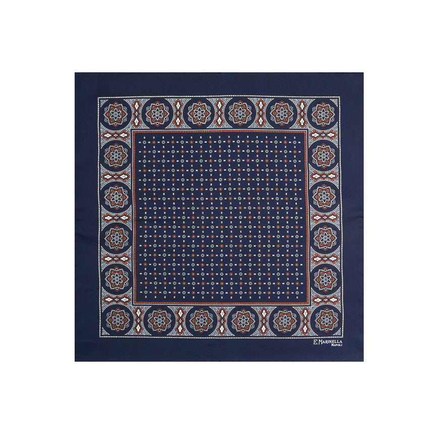 dark_blue_hand_printed_silk_pocket_square_small_flower_pattern_fully_open_view