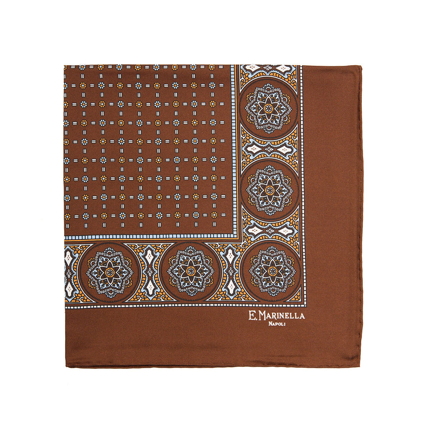 DARK BROWN HAND-PRINTED SILK POCKET SQUARE