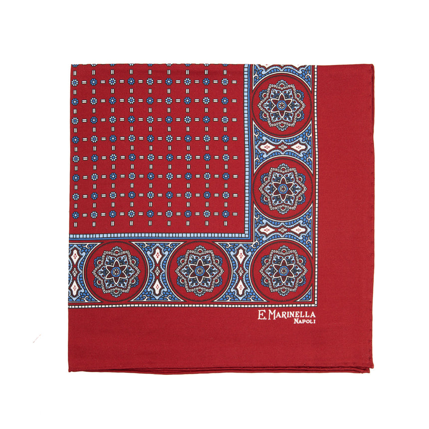 BURGUNDY HAND-PRINTED SILK POCKET SQUARE