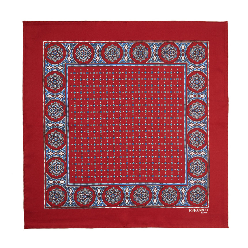 BURGUNDY HAND-PRINTED SILK POCKET SQUARE