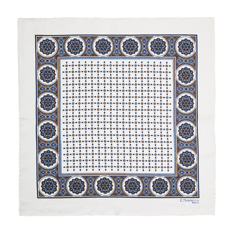 WHITE HAND-PRINTED SILK POCKET SQUARE