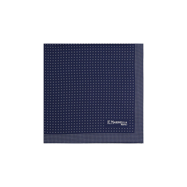 dark_blue_hand_printed_silk_pocket_square_polka_dots_centered_and_folded