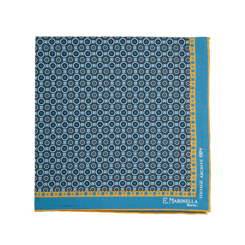 MID BLUE HAND-PRINTED SILK POCKET SQUARE