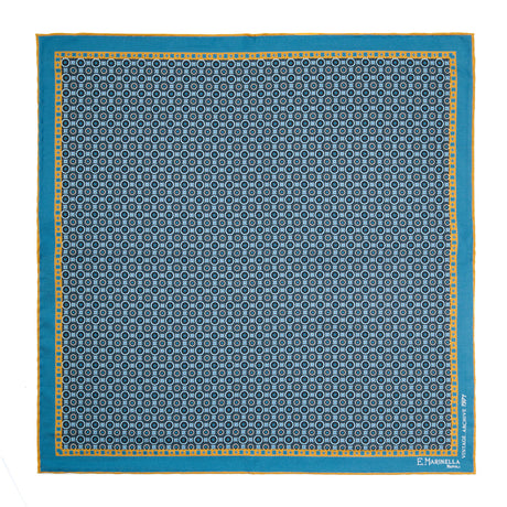 MID BLUE HAND-PRINTED SILK POCKET SQUARE