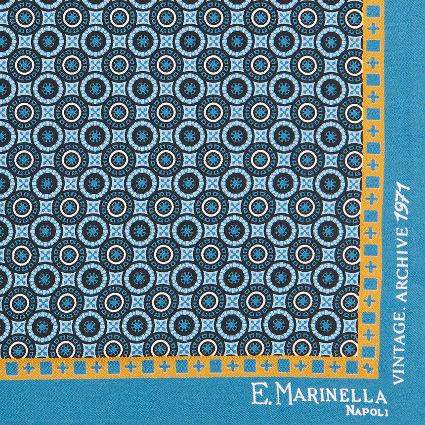 MID BLUE HAND-PRINTED SILK POCKET SQUARE