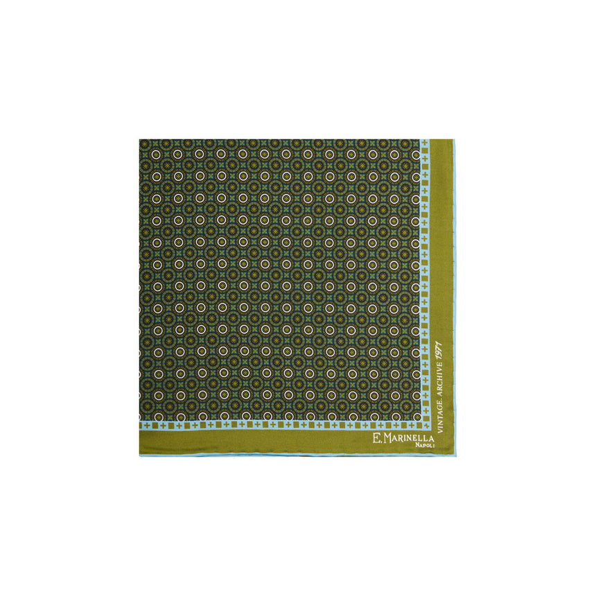 OLIVE GREEN HAND-PRINTED SILK POCKET SQUARE