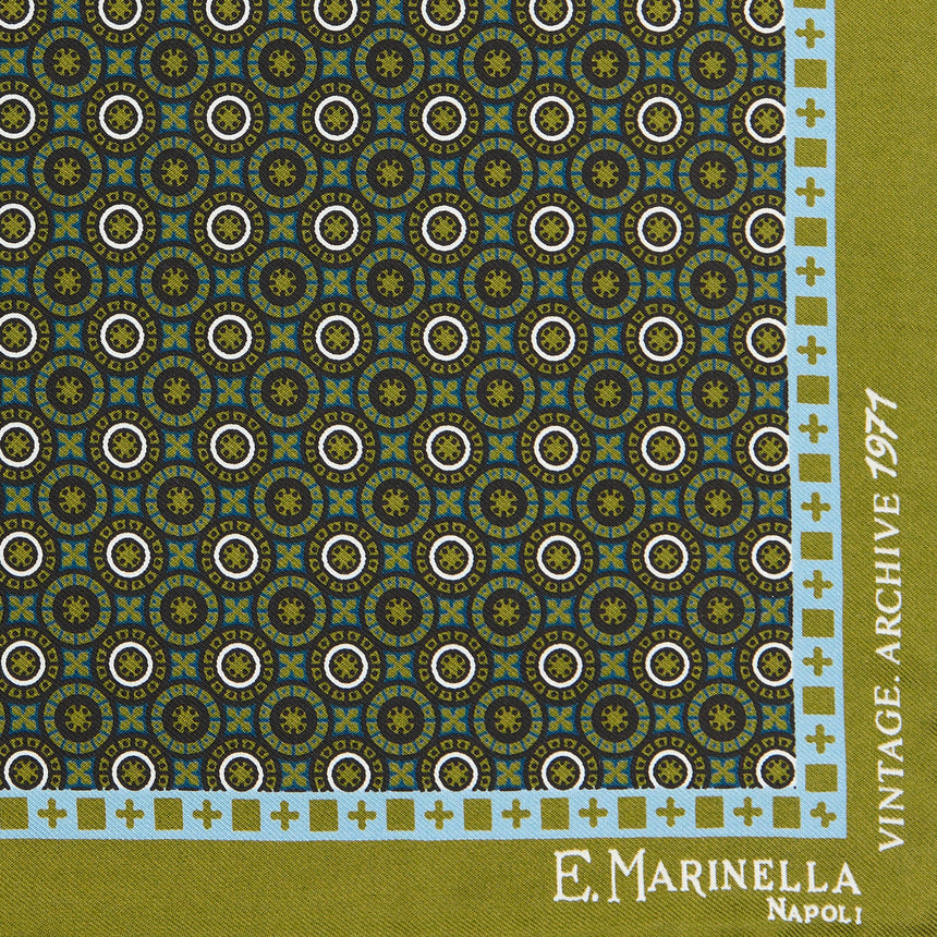 OLIVE GREEN HAND-PRINTED SILK POCKET SQUARE