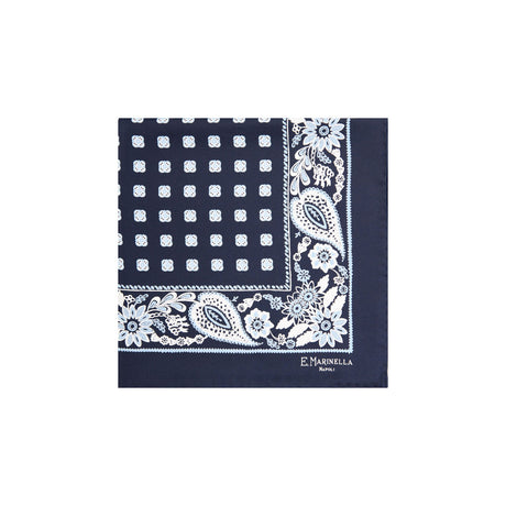 DARK BLUE HAND-PRINTED SILK POCKET SQUARE