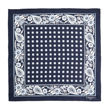 DARK BLUE HAND-PRINTED SILK POCKET SQUARE
