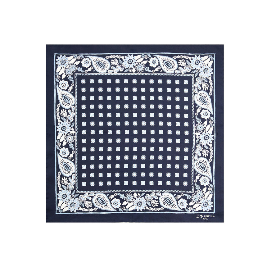 DARK BLUE HAND-PRINTED SILK POCKET SQUARE