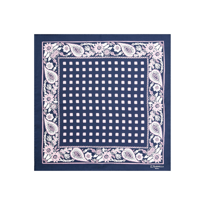 DARK BLUE HAND-PRINTED SILK POCKET SQUARE