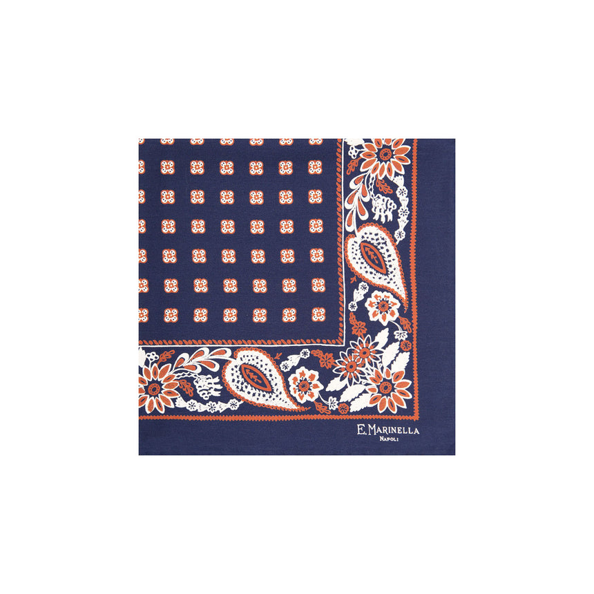 DARK BLUE HAND-PRINTED SILK POCKET SQUARE