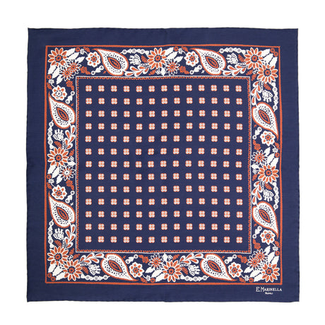DARK BLUE HAND-PRINTED SILK POCKET SQUARE