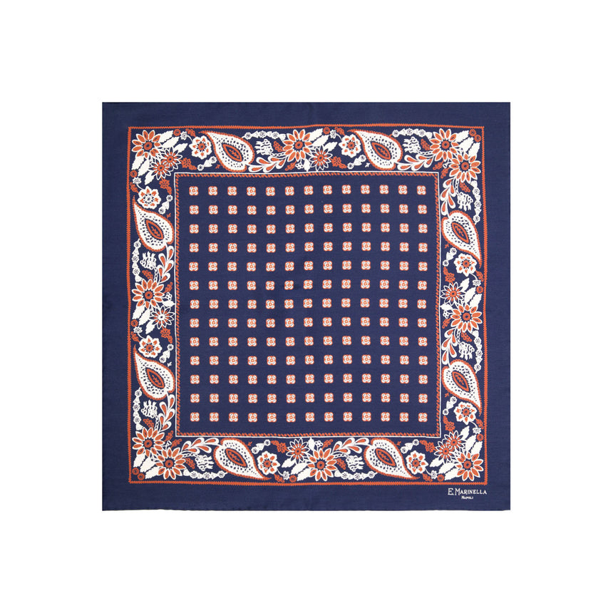 DARK BLUE HAND-PRINTED SILK POCKET SQUARE