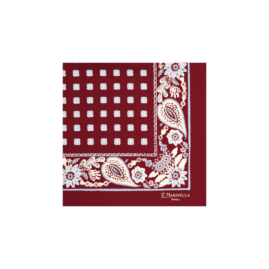burgundy_hand_printed_silk_pocket_square_large_flower_pattern_fully_open_view