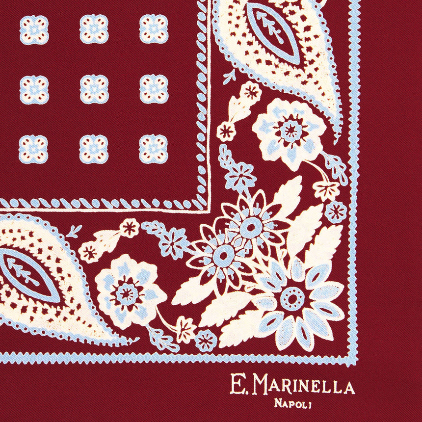 burgundy_hand_printed_silk_pocket_square_large_flower_pattern_logo_detail_with_hand_rolled_hem