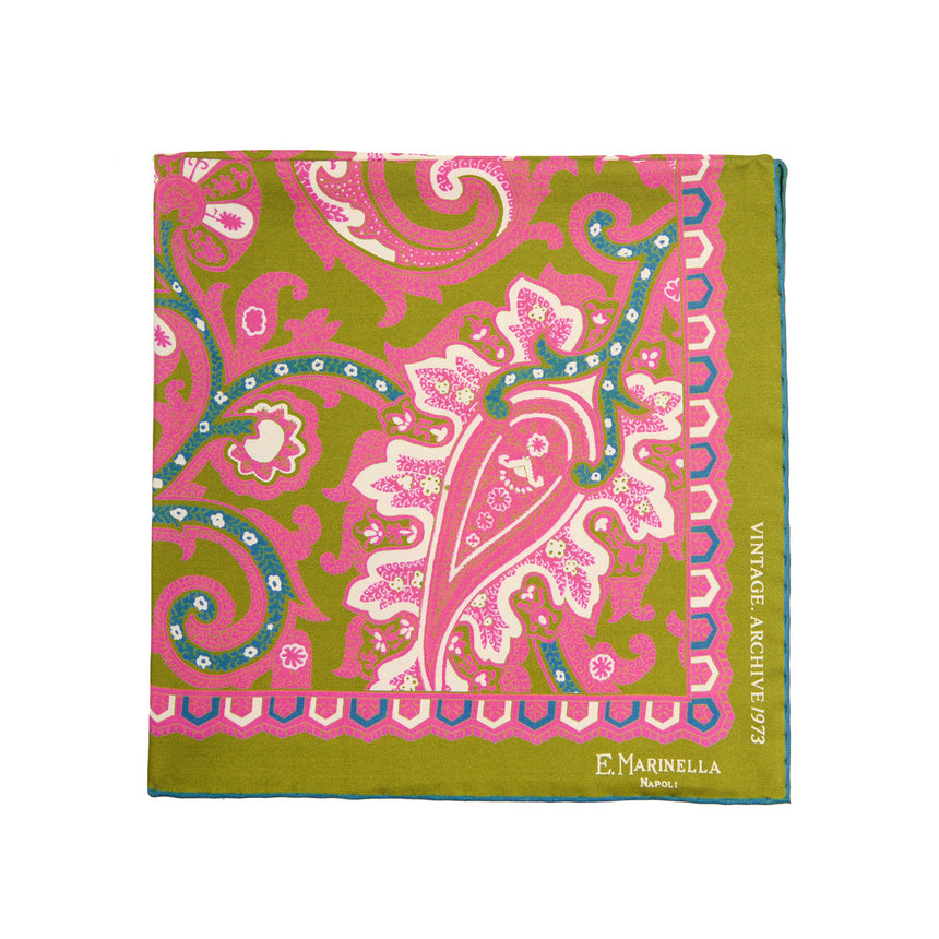OLIVE GREEN HAND-PRINTED SILK POCKET SQUARE