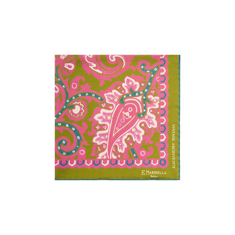 OLIVE GREEN HAND-PRINTED SILK POCKET SQUARE