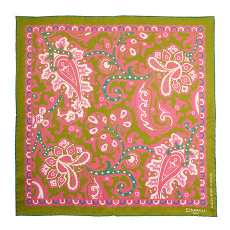 OLIVE GREEN HAND-PRINTED SILK POCKET SQUARE