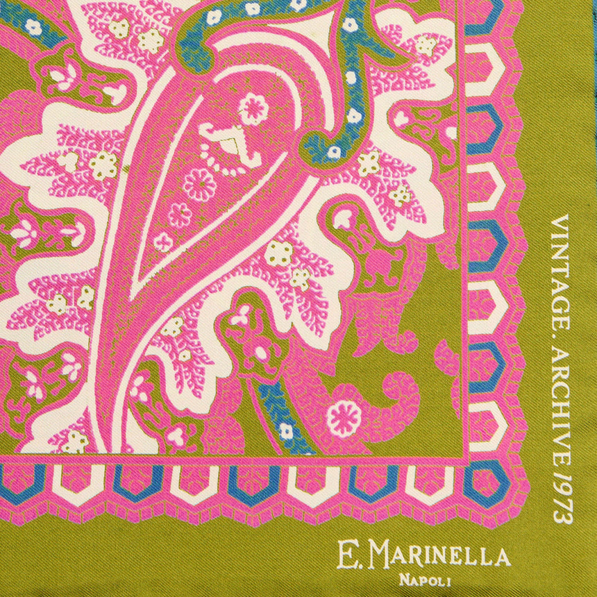 OLIVE GREEN HAND-PRINTED SILK POCKET SQUARE