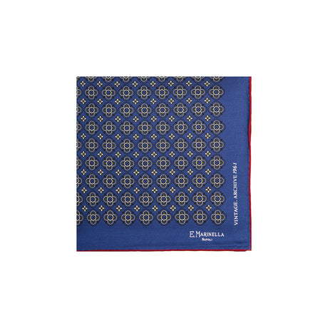 BLUE HAND-PRINTED SILK POCKET SQUARE