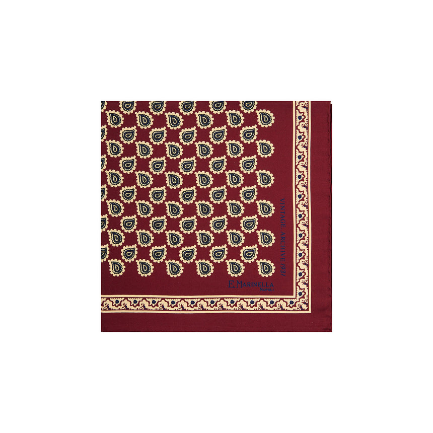 BURGUNDY HAND-PRINTED SILK POCKET SQUARE