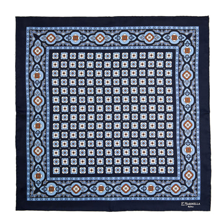 DARK BLUE HAND-PRINTED SILK POCKET SQUARE