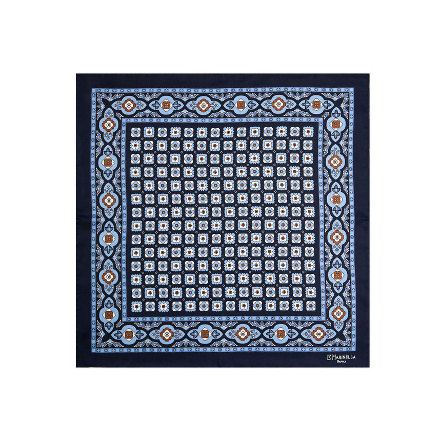 DARK BLUE HAND-PRINTED SILK POCKET SQUARE