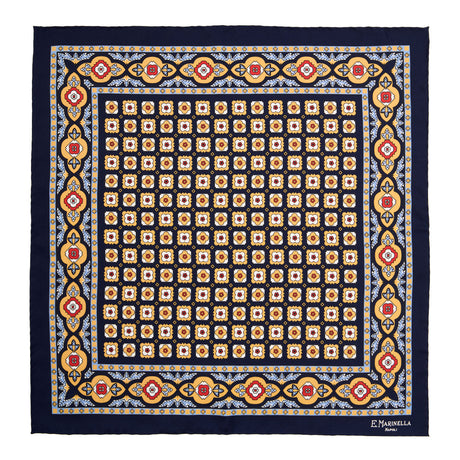DARK BLUE HAND-PRINTED SILK POCKET SQUARE