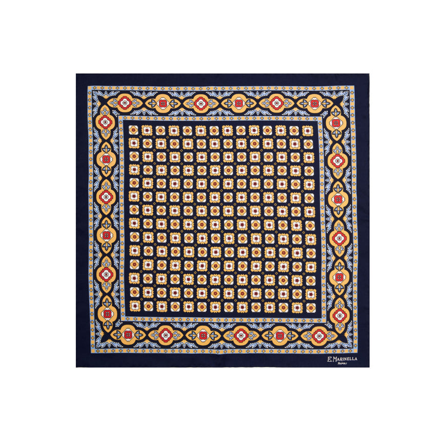 DARK BLUE HAND-PRINTED SILK POCKET SQUARE