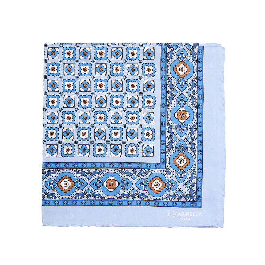 LIGHT BLUE HAND-PRINTED SILK POCKET SQUARE