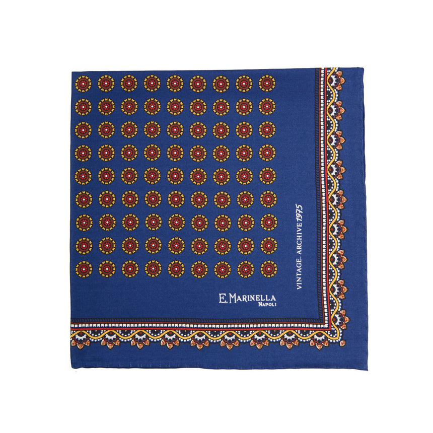 BLUE HAND-PRINTED SILK POCKET SQUARE