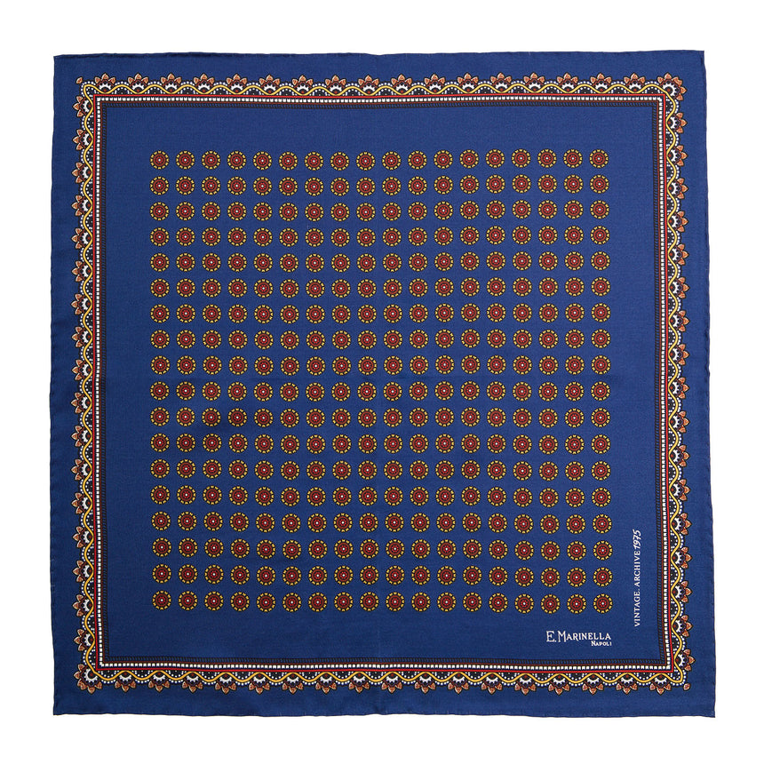 BLUE HAND-PRINTED SILK POCKET SQUARE
