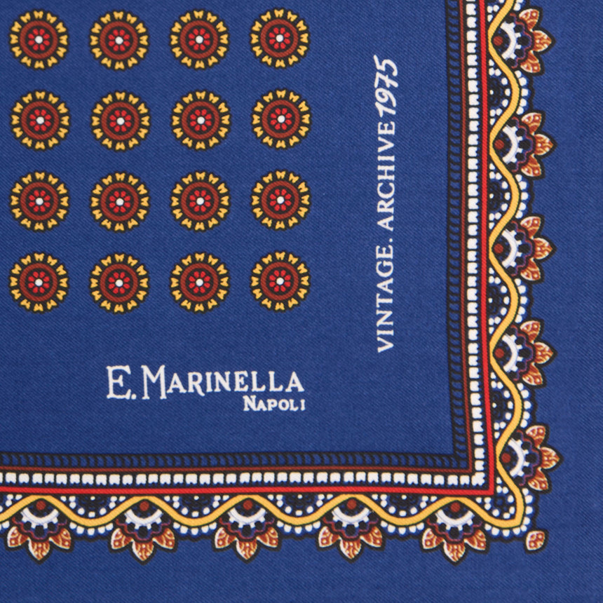 BLUE HAND-PRINTED SILK POCKET SQUARE