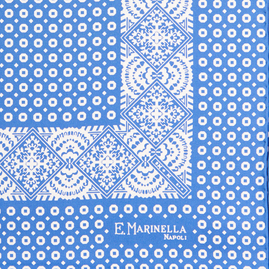 MID BLUE HAND-PRINTED SILK POCKET SQUARE