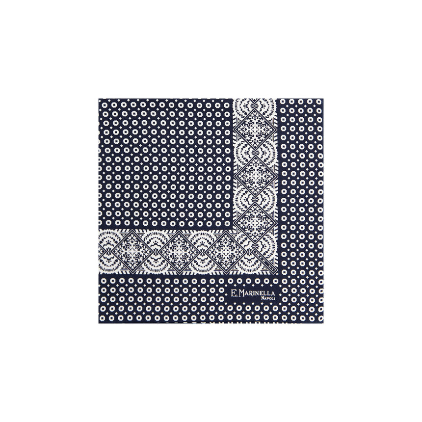 DARK BLUE HAND-PRINTED SILK POCKET SQUARE