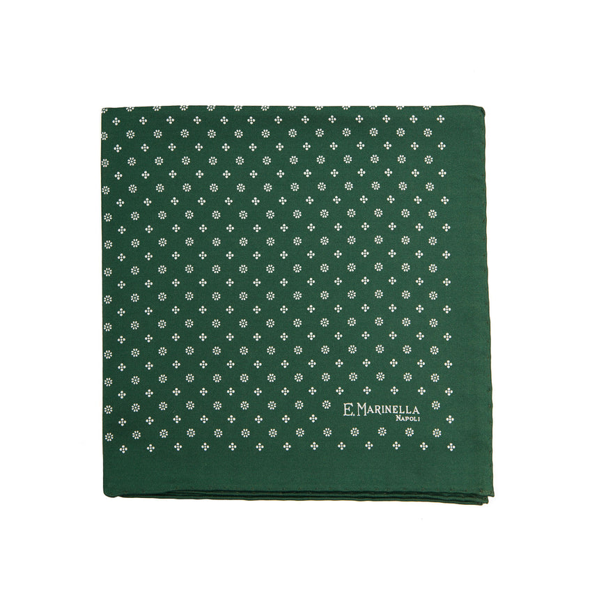 DARK GREEN HAND-PRINTED SILK POCKET SQUARE