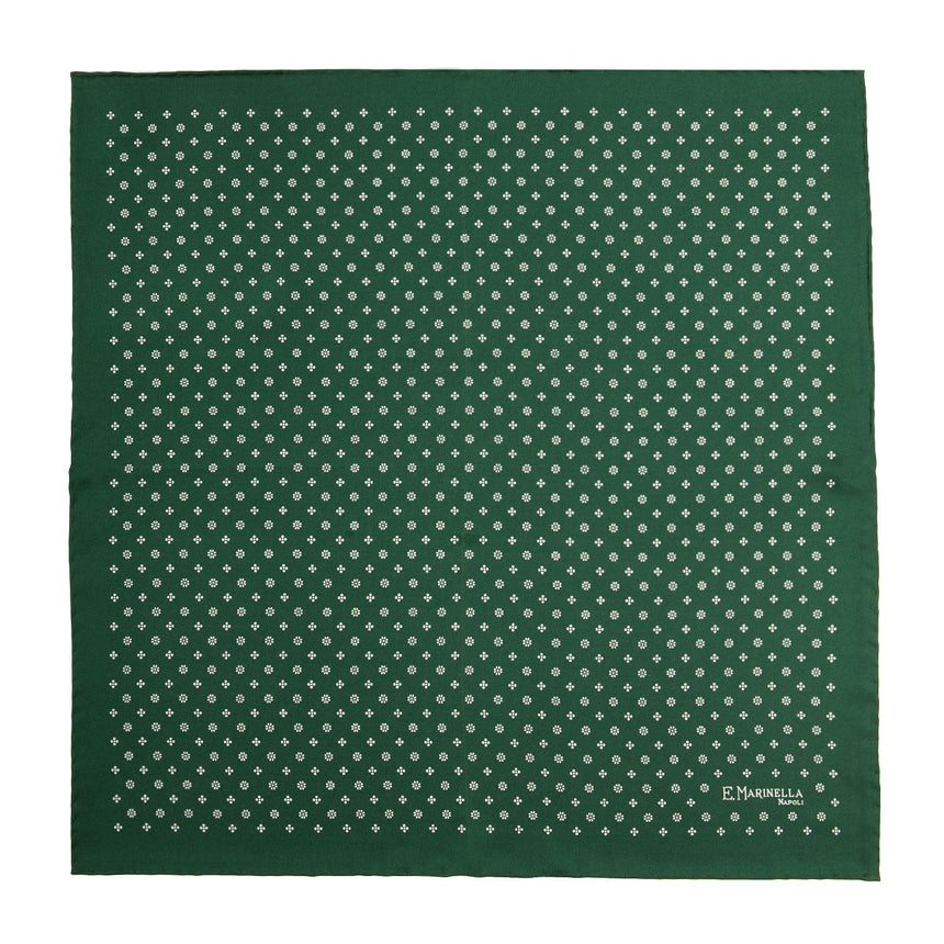 DARK GREEN HAND-PRINTED SILK POCKET SQUARE